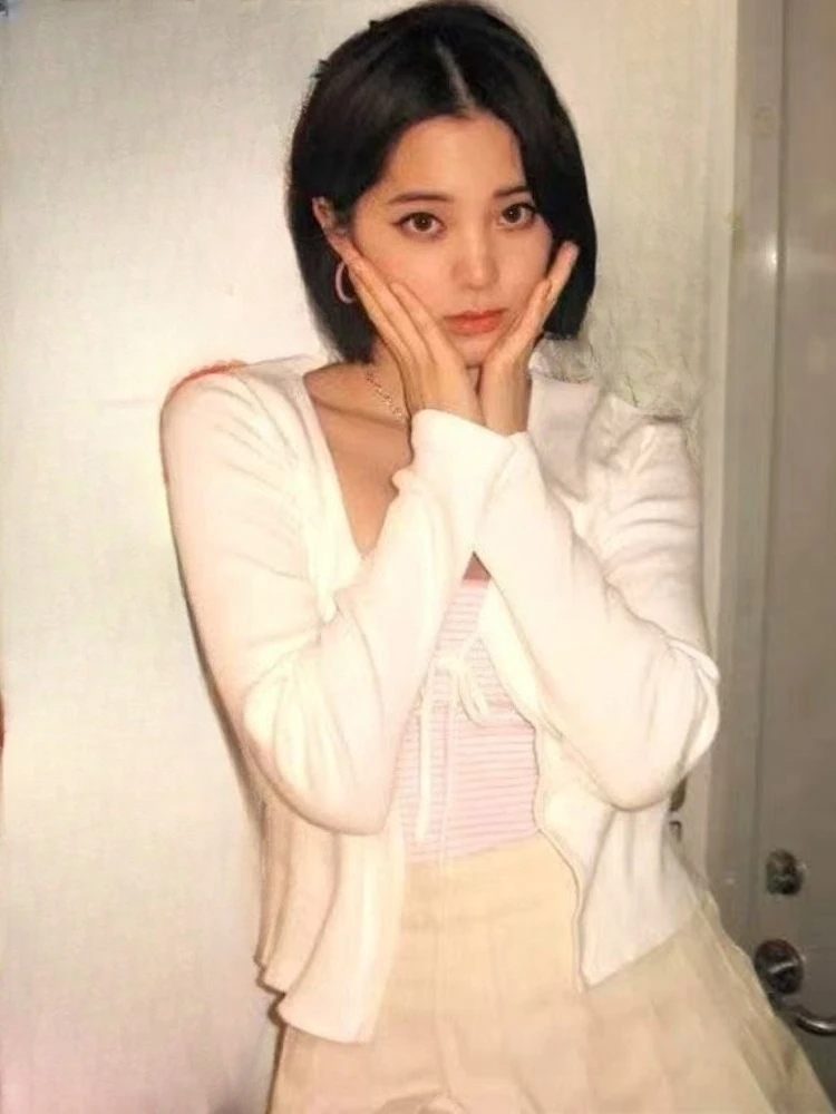 Y2k Aesthetic Solid Casual Cardigan Streetwear Vintage Bandage Grunge Tops 2026 Autumn Harajuku Cropped Clothing