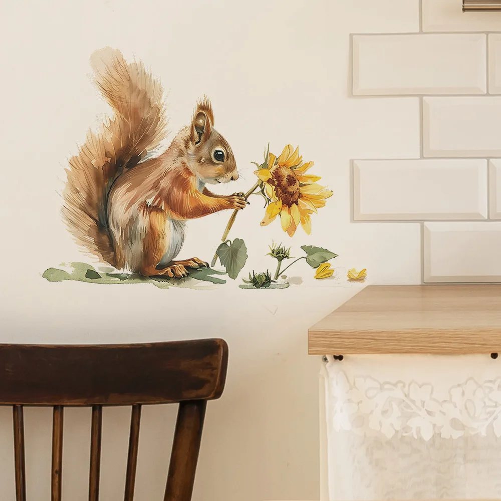 Painted Squirrel Sunflower Wall Sticker For Kids Room Cartoon Animals Decor Mural Bedroom Home Decoration Self-adhesive Decals