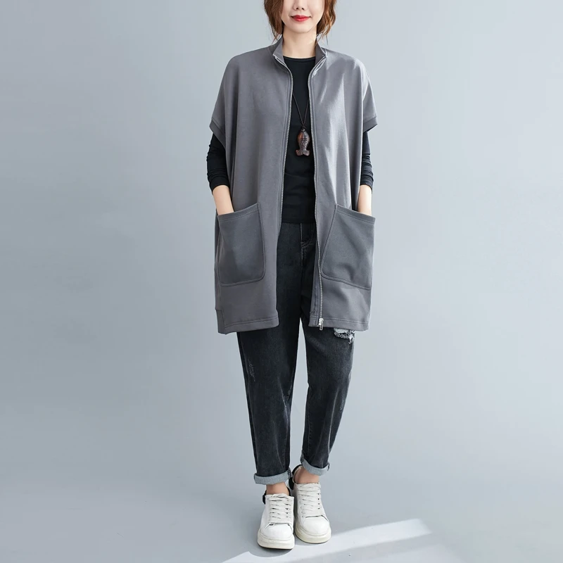 plus Size Women's Loose Korean Sle Zipper f High Collar Sweatirt Vest Long Svel Jaet Trendy Cotton Blend
