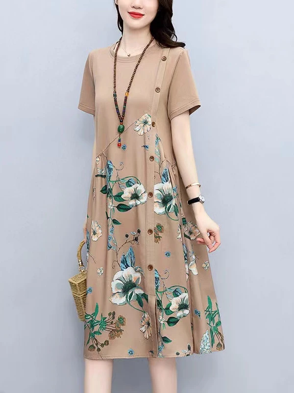 

Floral Print A-Line Dress Casual Summer New Style for Middle-Aged And Elderly Women Loose Belly Covering Slimming Fashionable