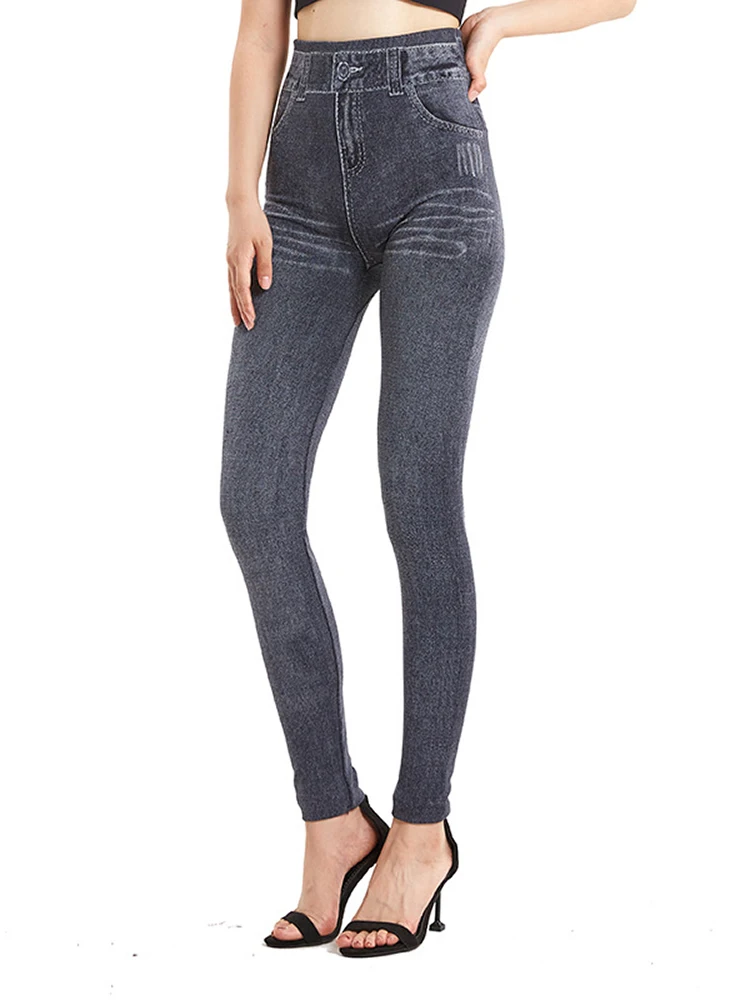 CUHAKCI-Jeans falsos para mulheres, leggings de treino de ioga, jeggings macios sem costura, imitação jeans elástico alto, calça lápis, cinza