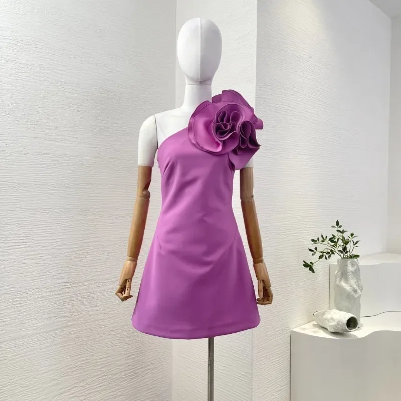 

White/purple/ Sloping High Qaulity Shoulders Flowers Appliqued Mini Dresses for Party Women Attractive 2025