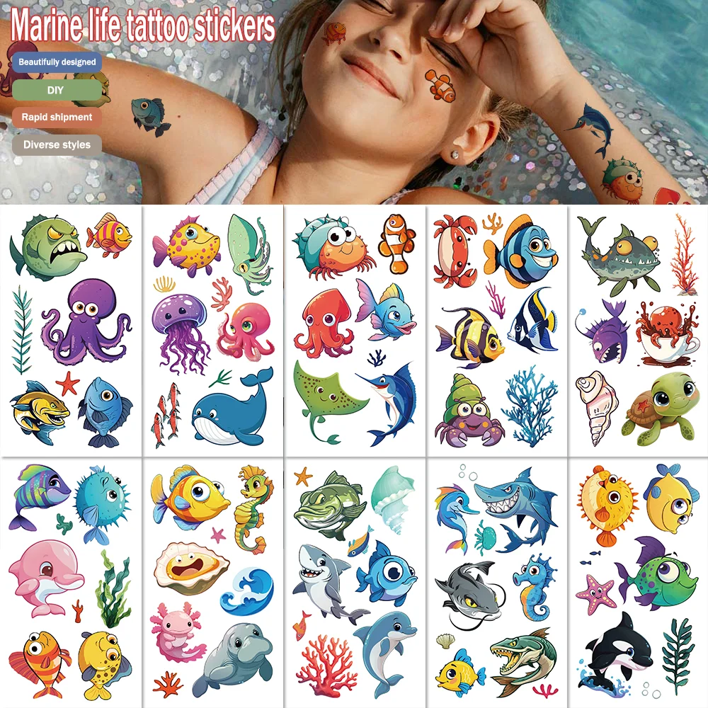 10pcs/set Marine Life Tattoo Stickers Everyday body decoration arm collarbone shoulder temporary tattoo sticker