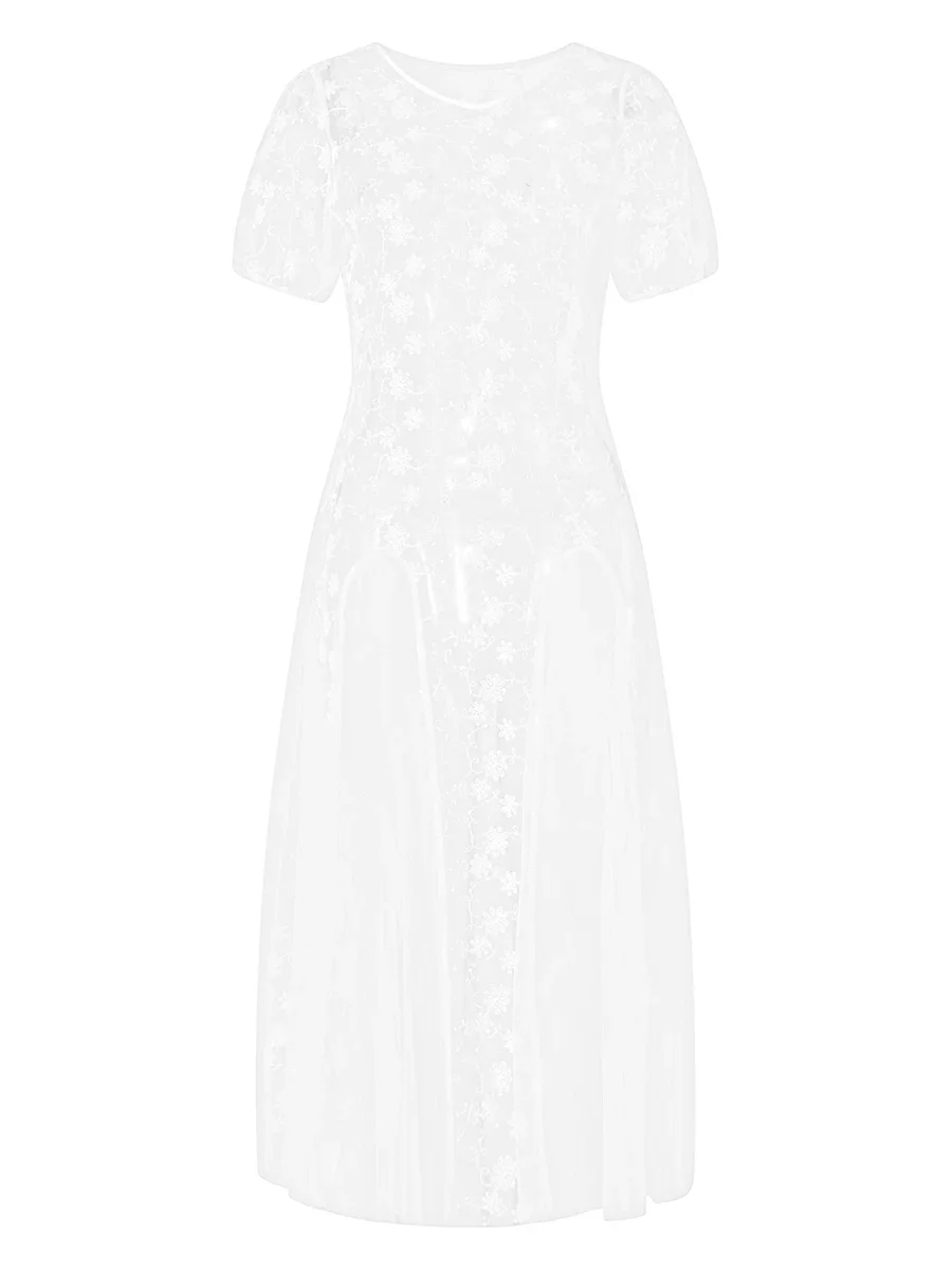 Women Summer Lace Sheer Long Dress Short Sleeve Hollow Out Lace Floral See Through Dress Cover Up Dresses Party Streetwear