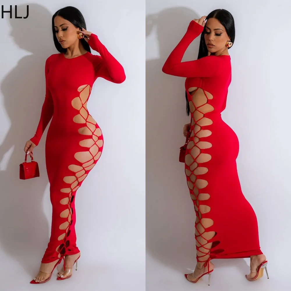 

HLJ Sexy Hollow Out Lace Up Bodycon Pary Club Dresses Women Round Neck Long Sleeve Slim Maxi Dress Female Solid Clothing 2023