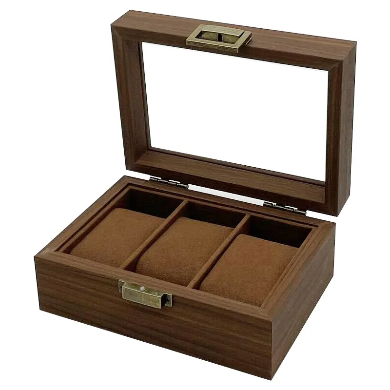 New Design 3 Slot Retro Dark Walnut Color Wooden Watch Display Box with Brown Velvet Interior Premium Watch Storage Packaging