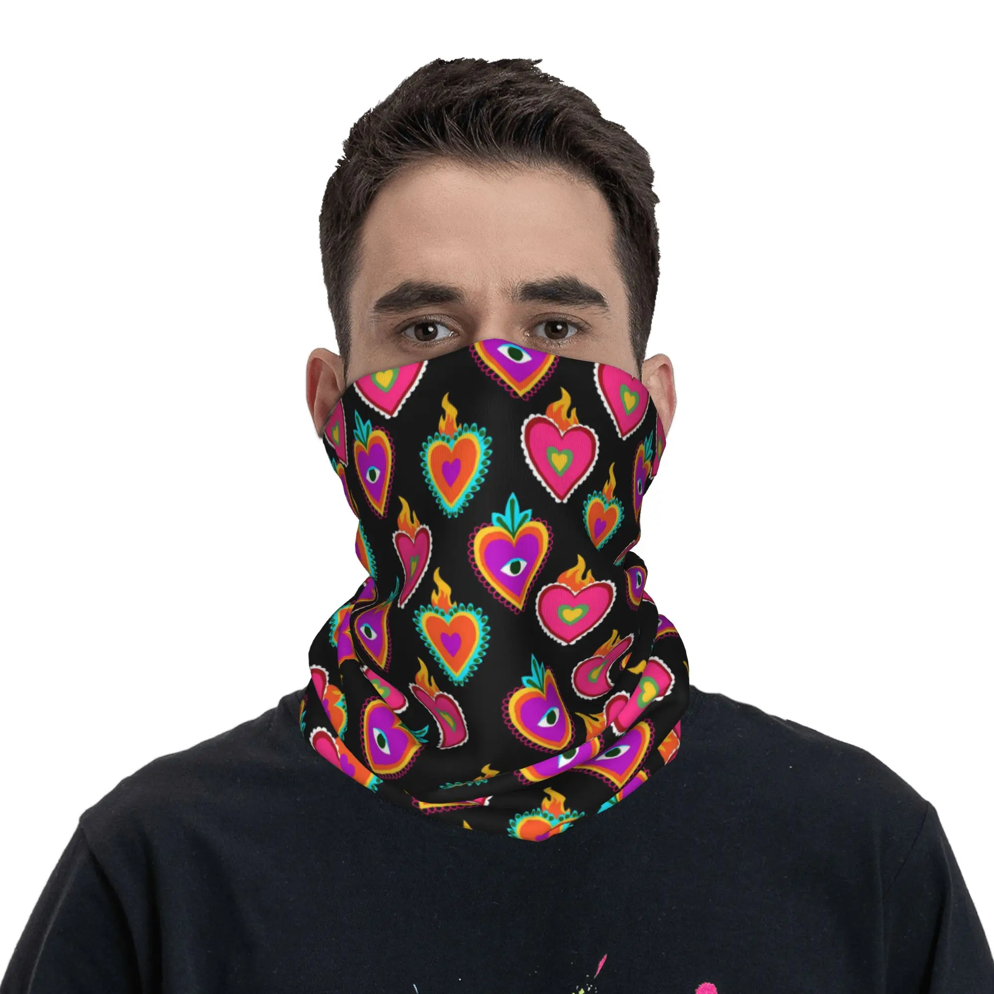 Retro Mexican Heart Milagro pattern Bandana Neck Gaiter Printed Magic Scarf Warm Face Mask Hiking Fishing For Men Women Adult
