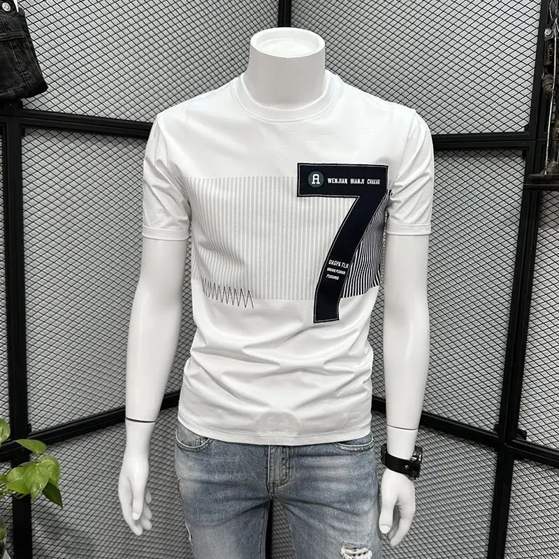 2024 Summer New Men's Spliced Classic Crew Neck Printed Casual Fashion All-match High Street Short Sleeve Striped T-shirt Tops