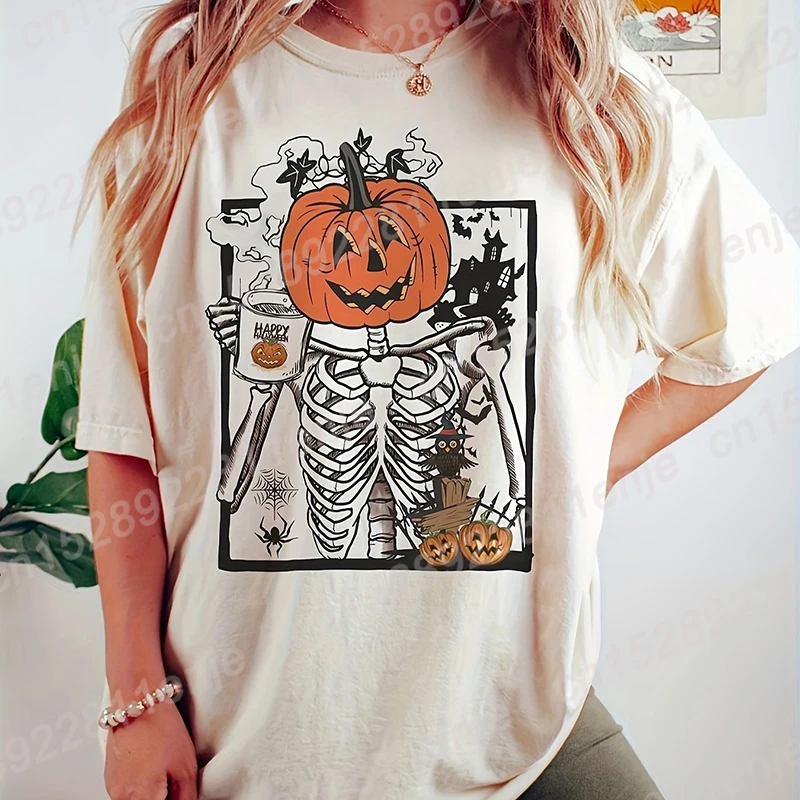 

Skeleton Pumpkin Print Casual T Shirt, Crew Neck Drop Shoulder Loose Tees For Fall & Spring, Women's Plus Tops