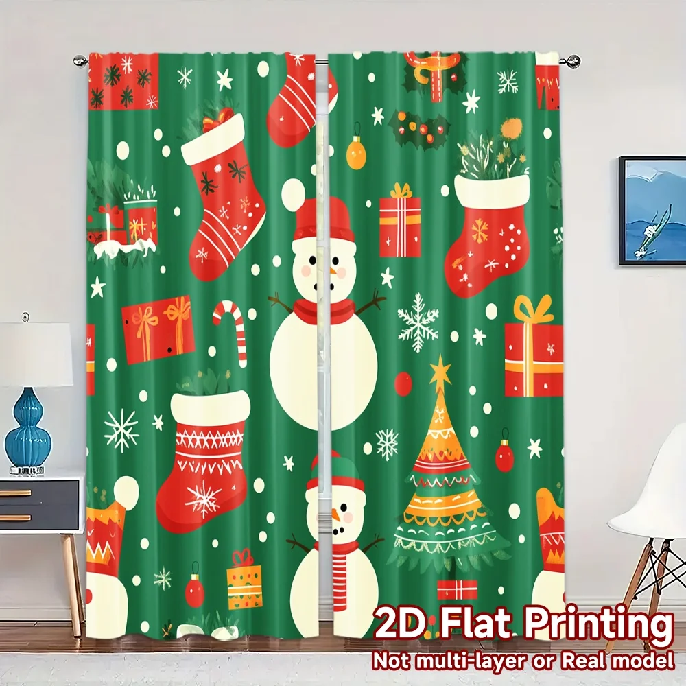 2pcs,Curtains Cute Snowman Christmas Tree Stocking (2) Pattern Chic Curtains Versatile Polyester Fabric Curtains Art Deco