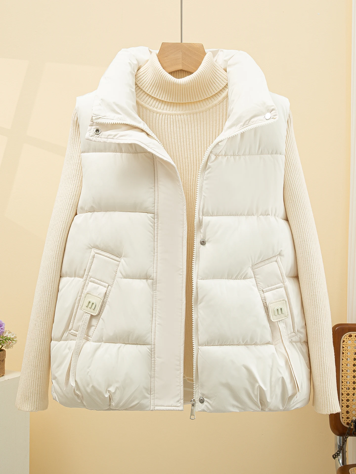 レディース ダウンコットンベスト ルーズフィット 秋冬ファッショナブルな中国風キルティングジャケット ポリエステル繊維ジッパー...