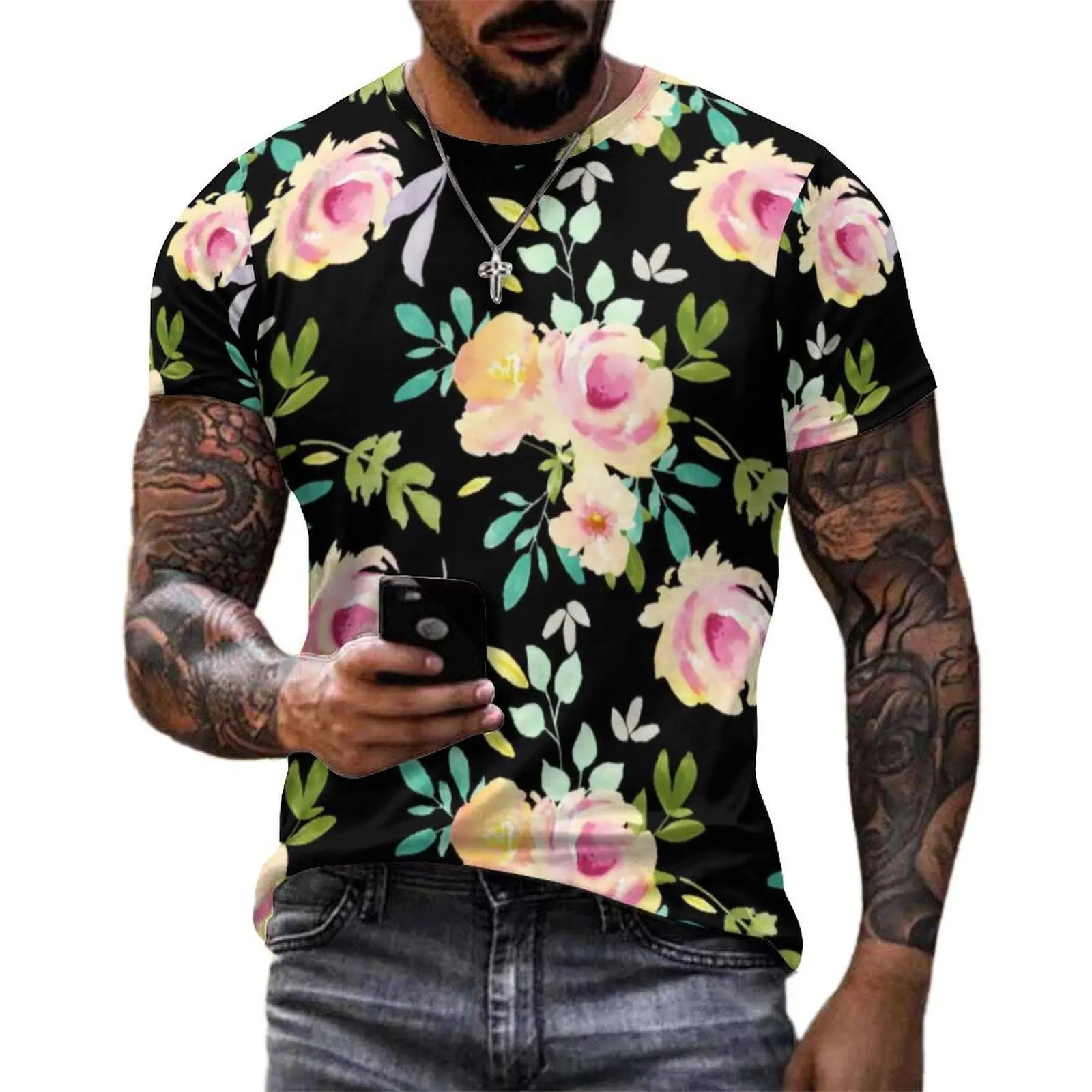 Watercolor Floral Print T-Shirt Pink and Peach Flowers Retro T Shirts Men Casual Tshirt Summer Short Sleeve  Top Tees Plus Size