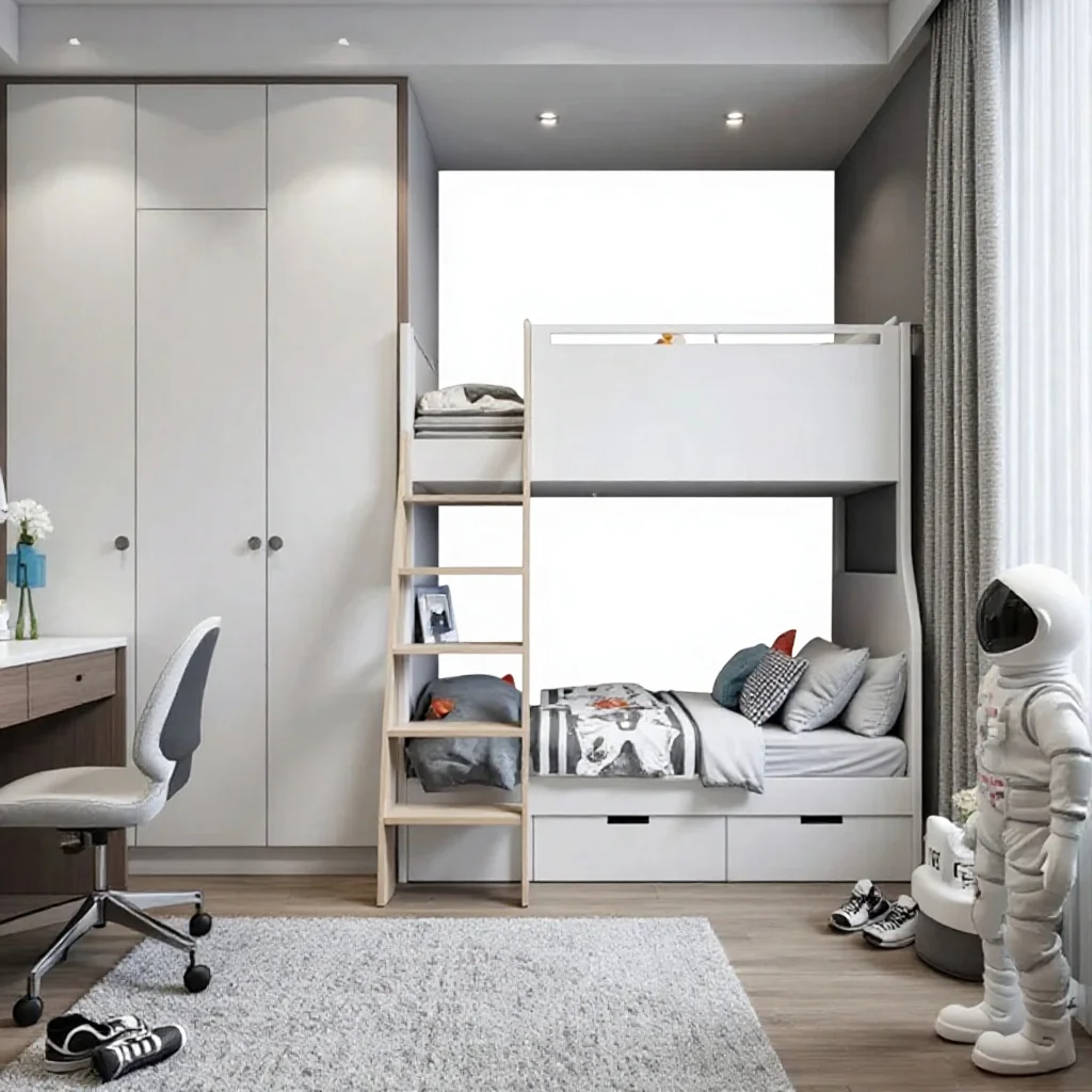 

Kids' Wardrobe Bunk Bed All-in-one Side Cabinet Multi-functional Storage Bed Modern Minimalism Design Solid Wood