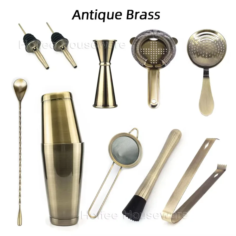 Antique Brass Plated 11 PCS Cocktail Shaker Set Stainless Steel 304 Bartender Tool Kit Bar Accessories Gift Barware Set