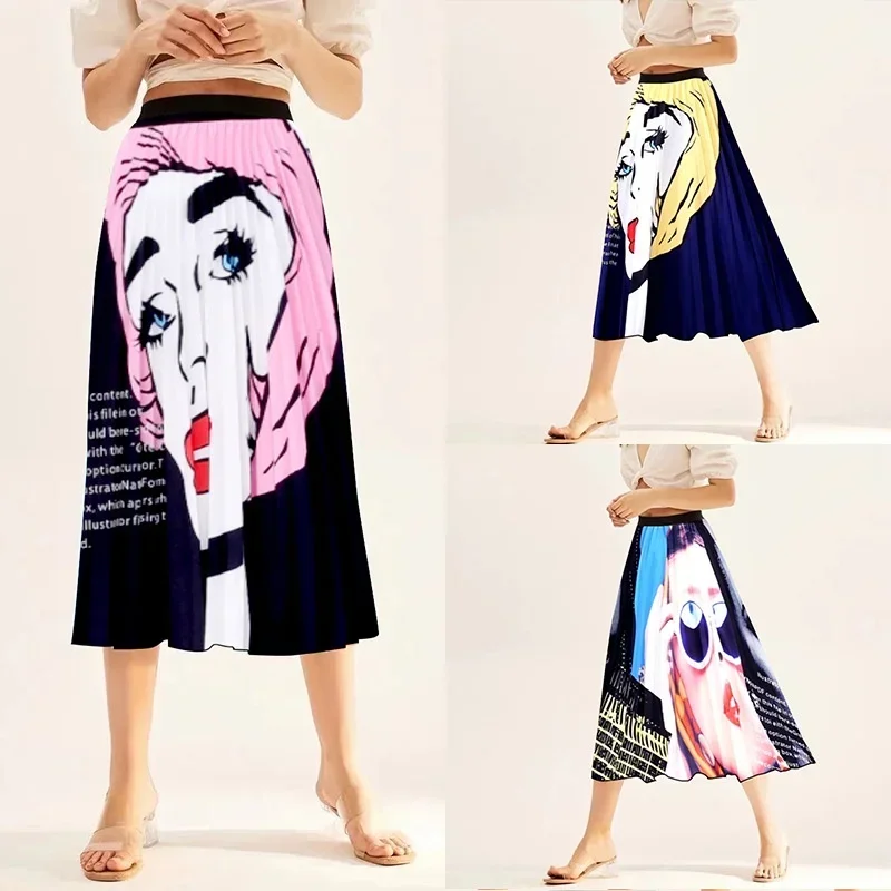 Figure print stretch pleated mini skirt A-line skirt for women