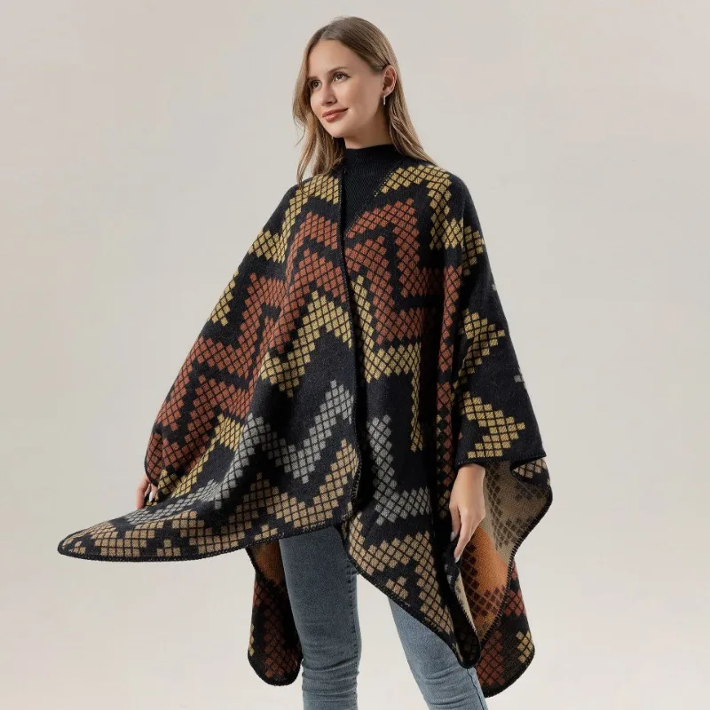 

European American Popular Tassel Thickened Cashmere Like National Style Travel Fork Shawl Scarf in Autumn Ponchos Capes