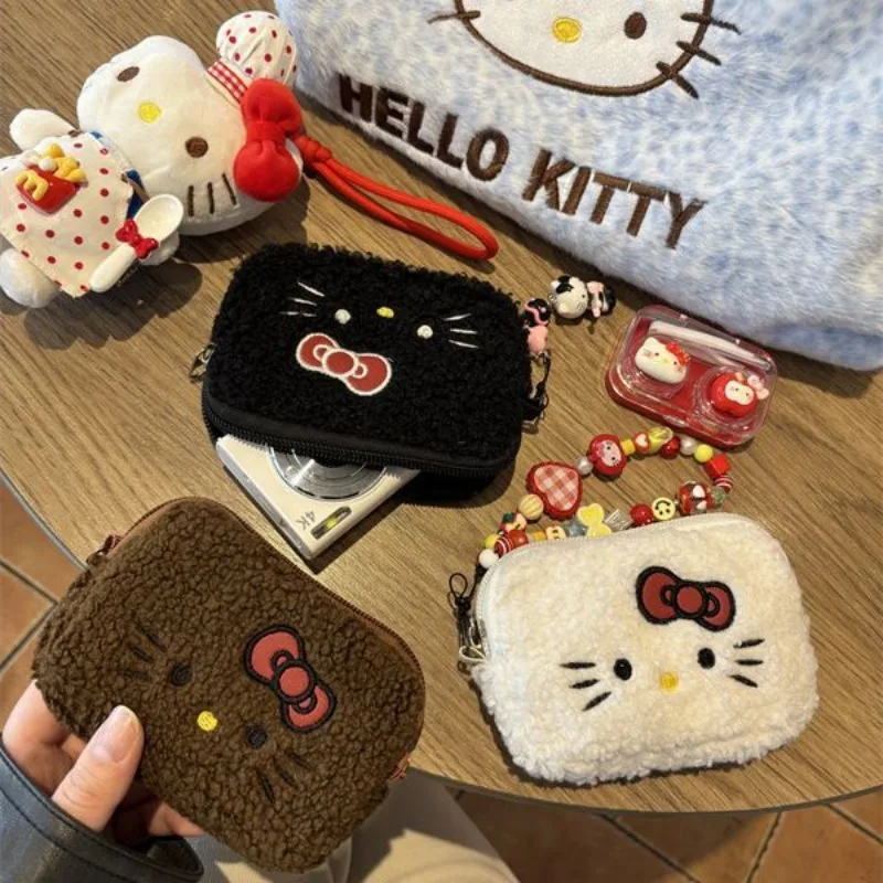 

New Hello Kitty Cute Plush Wallet Sanrio Women's Lamb Fleece Makeup Bag Small Kawaii Handbag Portable Coin Bag CCD Storage Bag