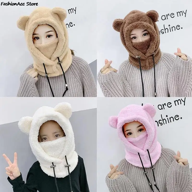 Cute Winter Earflaps Plush Bear Ears Hats adult Warm Mask for Outdoor Women Bonnet Hood