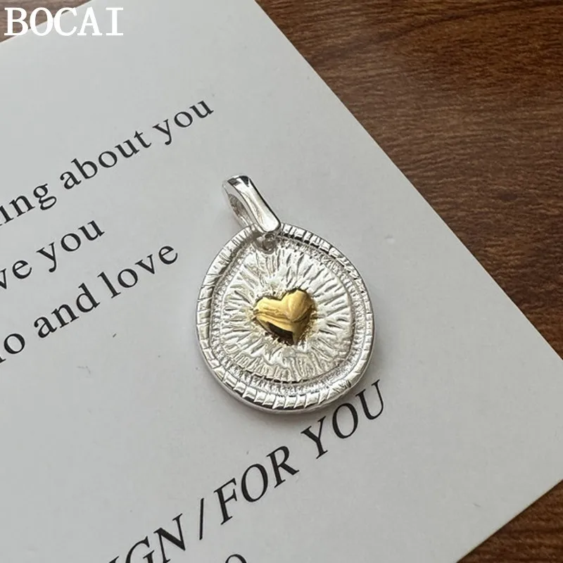 

BOCAI NEW S925 Sterling Silver Jewelry Simple And Fashionable Gold And Silver Two-color Heart Pendant Women's Selected Gift