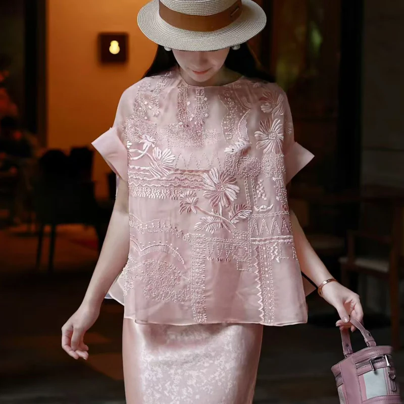 

High End Spring And Summer New O-Neck Silk Organza Fabric Positioning Embroidered Batball Sleeves Loose Women's Shirt S-XL