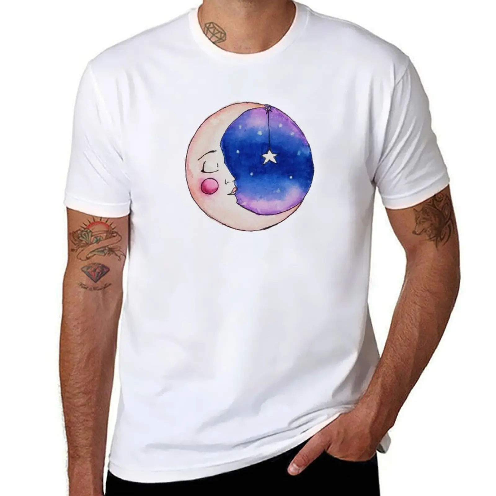 Sleeping Moon with Hanging Star T-Shirt cotton tshirt 100% man tshirt T-Shirt