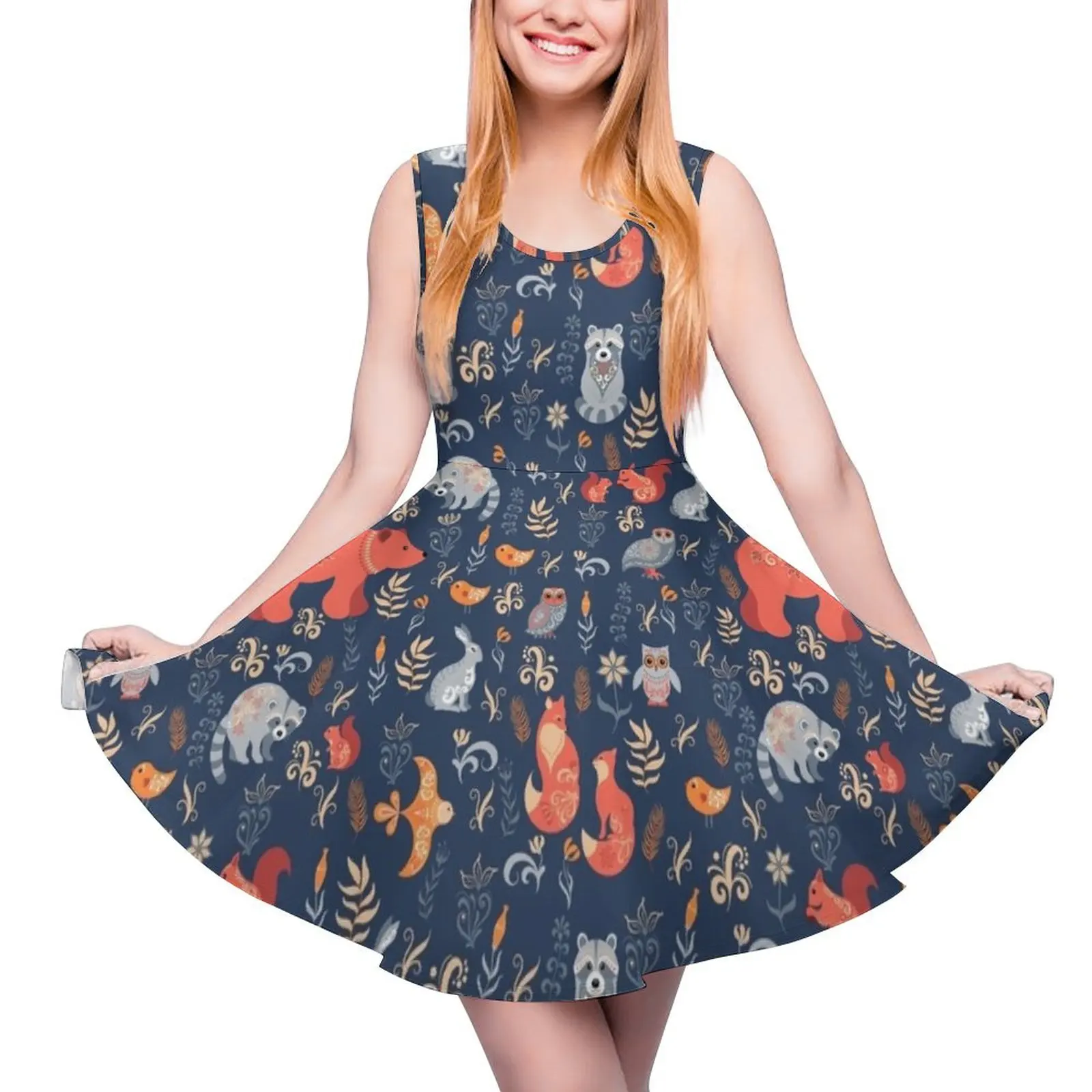 

Fairy-tale forest. Fox, bear, raccoon, owls, rabbits, flowers and herbs on a blue background. Sleeveless Dress fairy dress