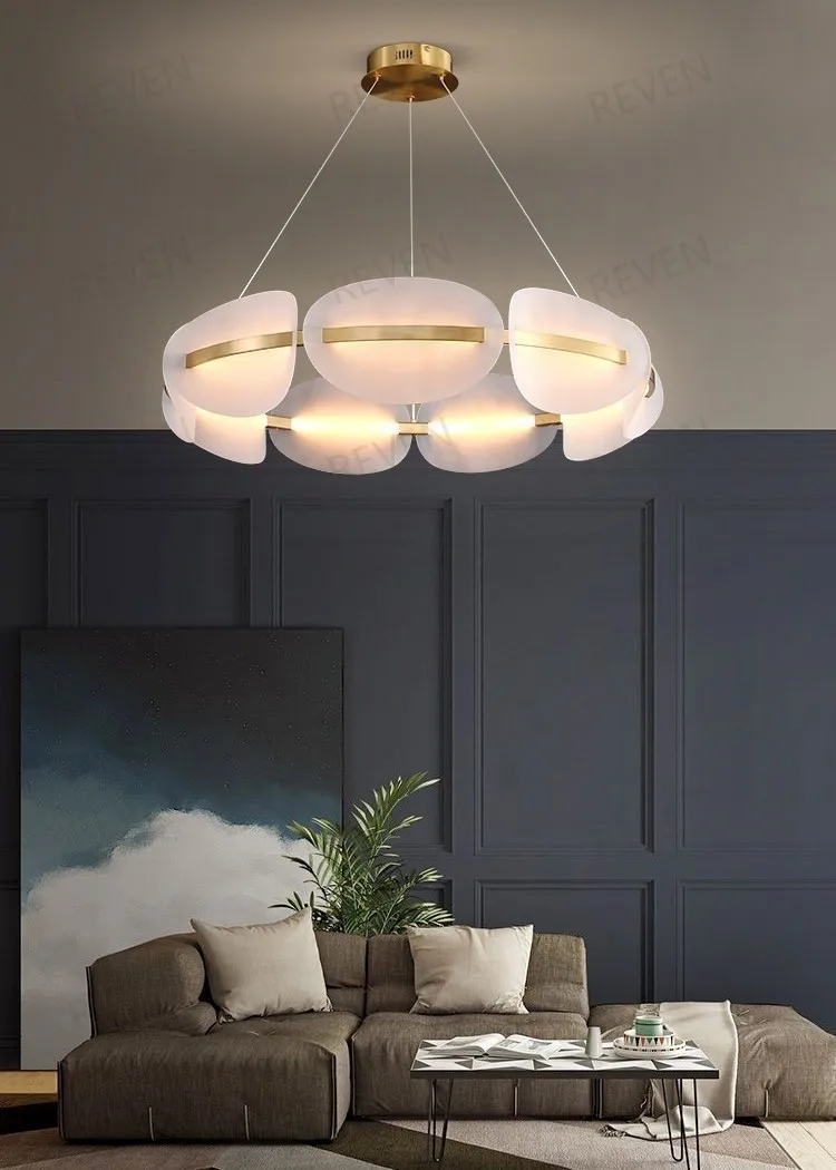 Designer Modern Sculptural Glass Pendant Light Organic Petal Shape Gold Accent for Living Room Sofa Background Wall Deco