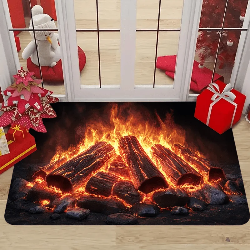 Pug Dog Burning Fire Logs Welcome Mat, Realistic Cozy Flames Christmas Decor, Non-Slip Washable Rug for Bedroom Living Room