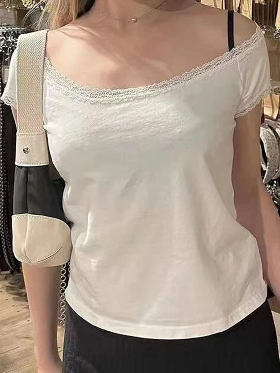 

Sweet Cute Girls Lace Trim T-shirts Women Sexy Slash Neck Cotton Slim Casual Chic Short Sleeve Tees Streetwear Harajuku Tops