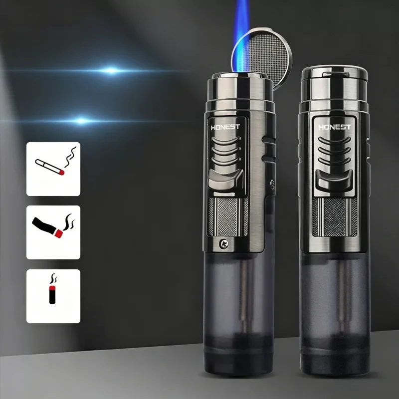 HONEST Briquet torche à gaz butane à flamme bleue jet, avec fenêtre transparente, coupe-vent, portable pour l'extérieur, pour cigares et accessoires de fumeur