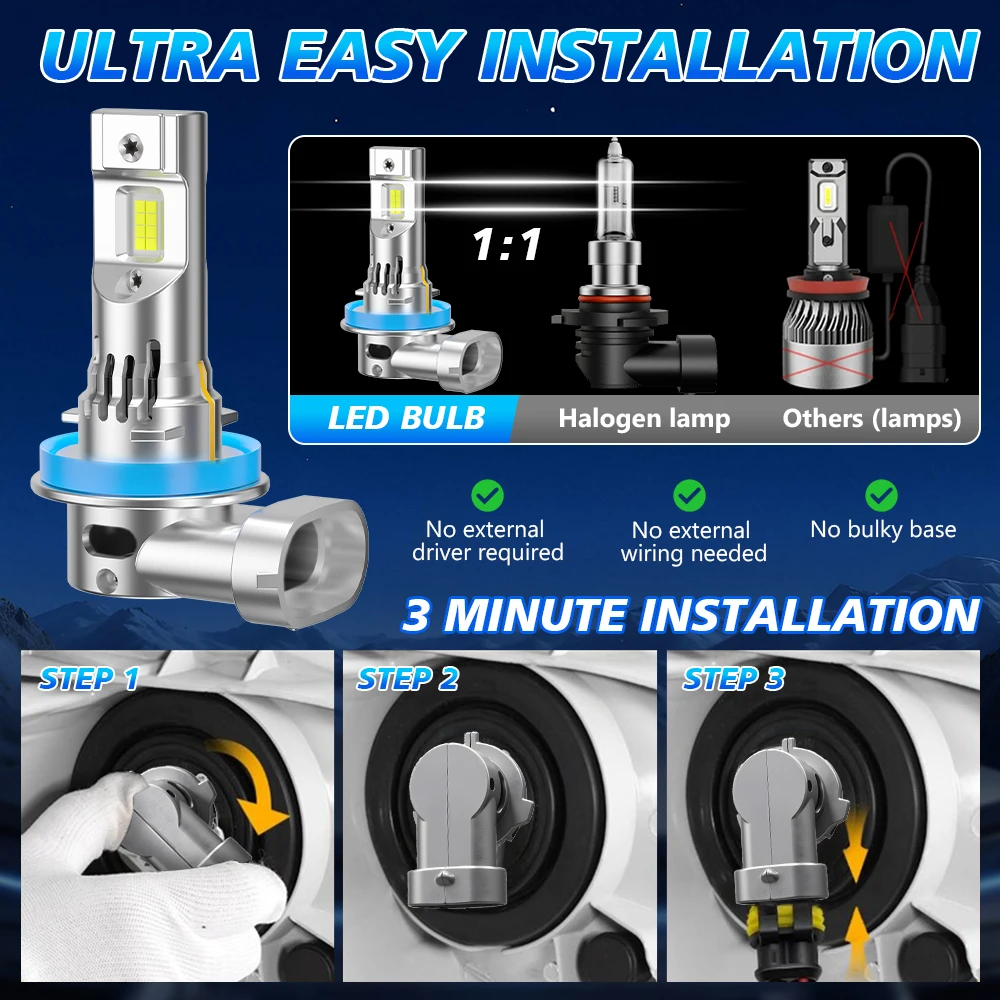 مصباح LED للسيارة 9005 HB3 HB4 9006 Canbus 30000LM H1 H4 H7 H11 كشافات أمامية تلقائية عالية الطاقة مع مروحة تبريد 6500K أبيض #3