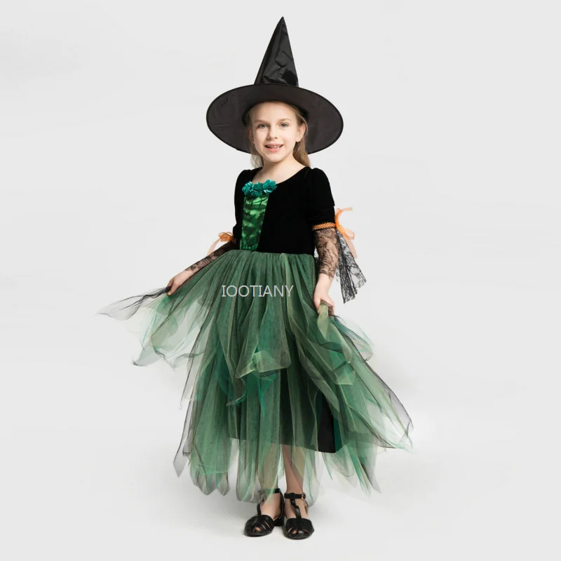 Iootiany 2024 Meisjes Groene Heks Cosplay Jurk Kostuum Mesh Tutu Jurk Met Punthoed Voor Kinderen Carnaval Feest Verkleedkleding