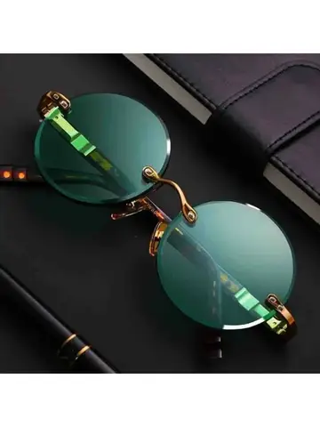 Fashion Classic Rimless Sunglasses Women Men Crystal Dark Green Lens Sun Glasses Retro Round Glasses Outdoor Driving Eyeglasses