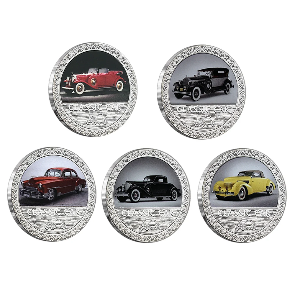 

Classic Vintage Car Silver Plated Commemorative Coin Challenge Colorful Medal with Plastic Case Fans Collection Gift