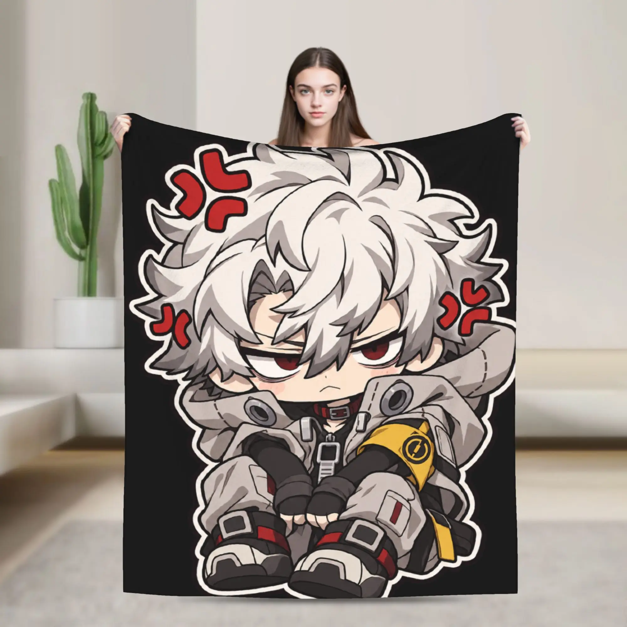 GACHIAKUTA White Haired Boy Red Accents Chibi Plush Blanket Flannel Throw Blanket For Couch Chair Super Soft Bedspread Gift