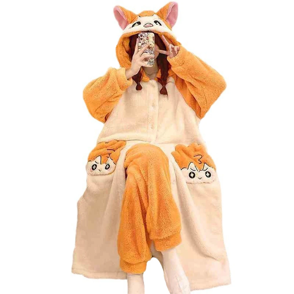 

Оранжевый милый мультфильм аниме косплей пижамный комплект с капюшоном для женщин зимняя фланелевая ночная рубашка мягкая плюшевая одежда для сна ночная рубашка пижамный комплект