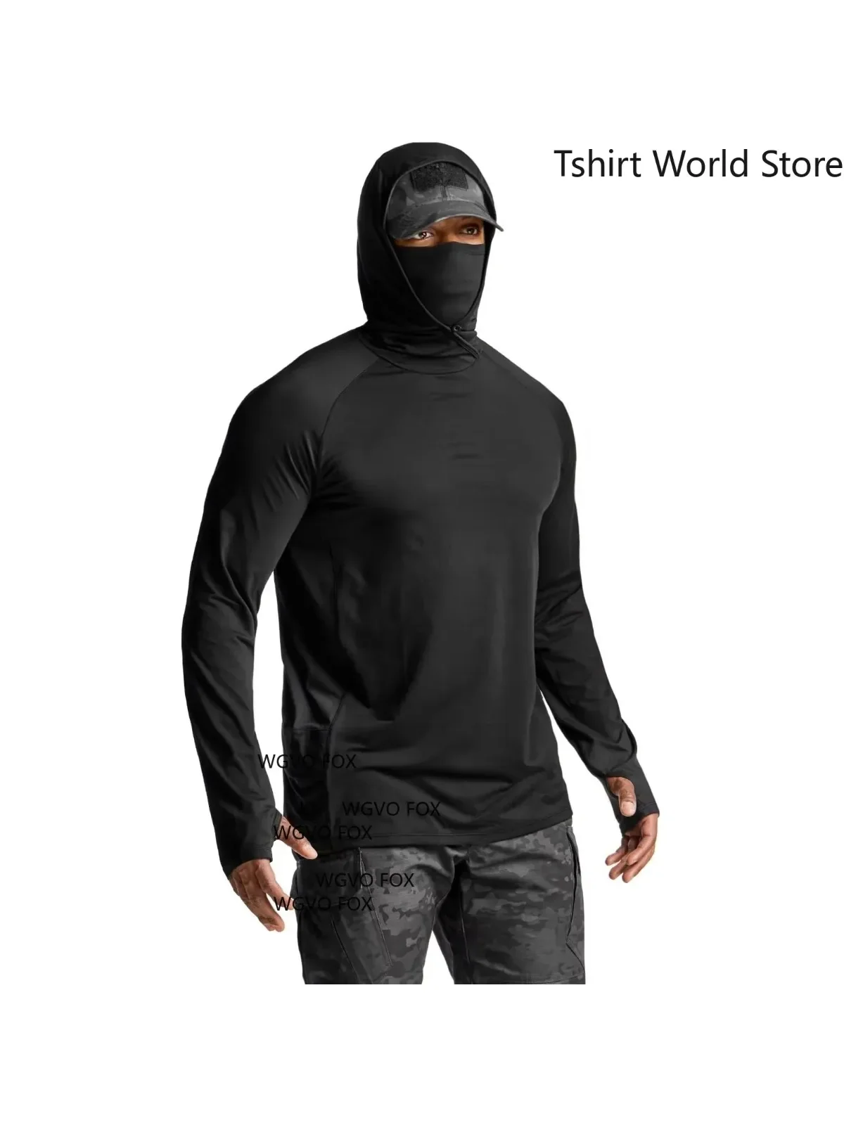 Schwarzer taktischer Angel-Hoodie für Männer mit Gesichtsbedeckung, Daumenlöchern, UPF50+ Schnelltrocknend, Langarm, Outdoor-Sonnenschutz-Shirt – Detail 2