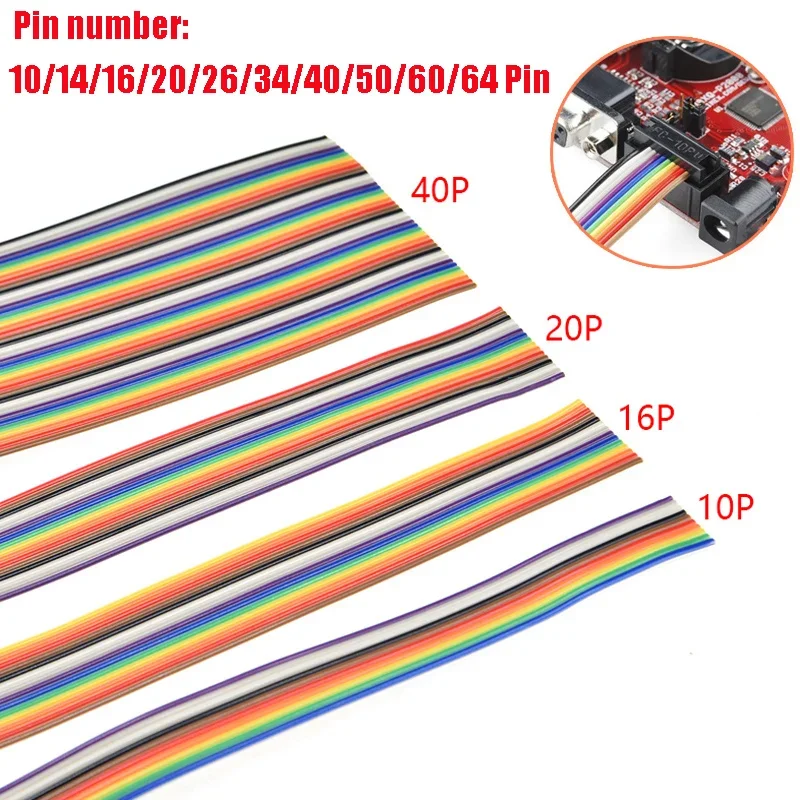 Length 1m Colorful 1.27mm Spacing Pitch Cable 10/14/16/20/26/34/40/50/60/64 Pin Flat Rainbwo Ribbon Cable Wire