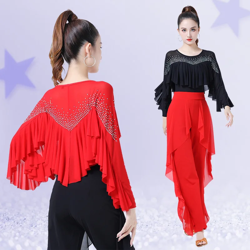 Ruffle Ballroom Latin Dance Top Dames Strass Bezaaid Standaard Nationale Moderne Dans Training Prestaties Sexy Danskleding