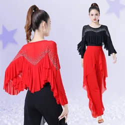 Ruffle Ballroom Latin Dance Top Women Rhinestone Studded Standard National Modern Dance Training Performance Sexy Dance Wear