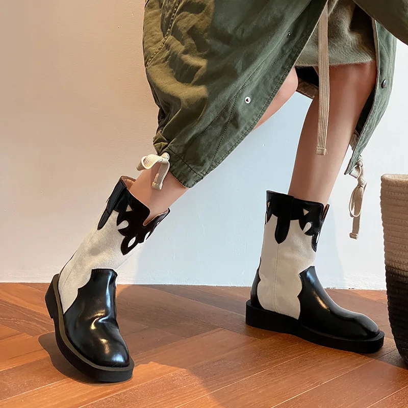 Arden Furtado Autumn Mixed Colors Cowhide Western  Round toe Pull-on Middle heel fretwork Mid-Calf boots Commuter boots
