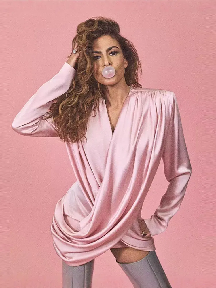 Robe courte plissée en Satin, élégante, Chic, rose, col en v, manches longues, drapée, robes de soirée, nouvelle collection automne printemps 2026