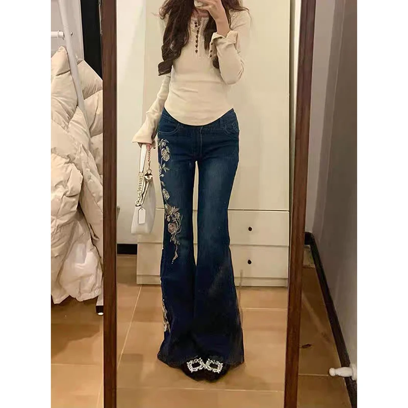 YIBASHU Women's Rose Embroidered Pattern Micro Horn Jeans Personalized Trousers Cool Girl Casual Bottoms Female Street Pants