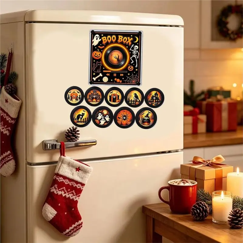 A19F-Halloween Magnetic Music Fridge Built-In LED Night Light Automatic Singing Refrigerator Rotary Disc Machine Functionality