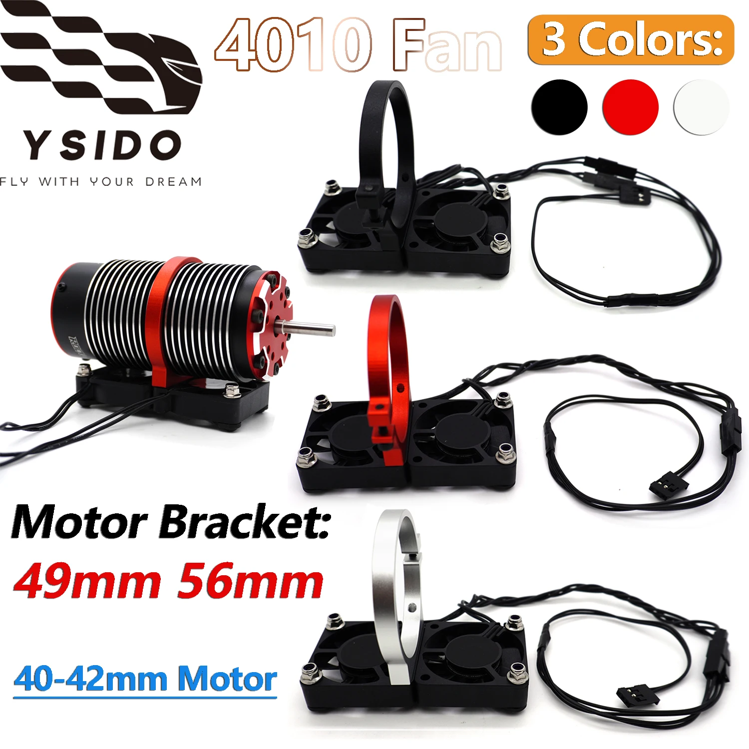 YSIDO 4010 Cooling Fan Motor Heatsink With 49mm/56mm Holder Adjustable Mount for 1/8 RC Car 4068 4074 4082 4268 40-42mm Motor