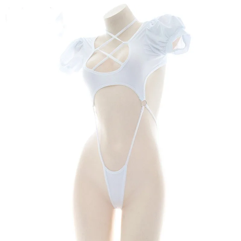 أنيمي قطعة واحدة منفوخة كم ملابس السباحة ، زي أسود ، الأشرطة المتقاطعة ، ارتداءها ، ملابس السباحة ، الزي الرسمي ، حفلة حمام السباحة ، تأثيري