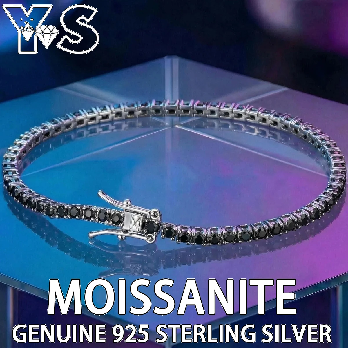 

Теннисный браслет из стерлингового серебра S925 с элегантными черными муассанитами, современный дизайн, блестящая полировка, унисекс, роскошное ювелирное украшение, подарок