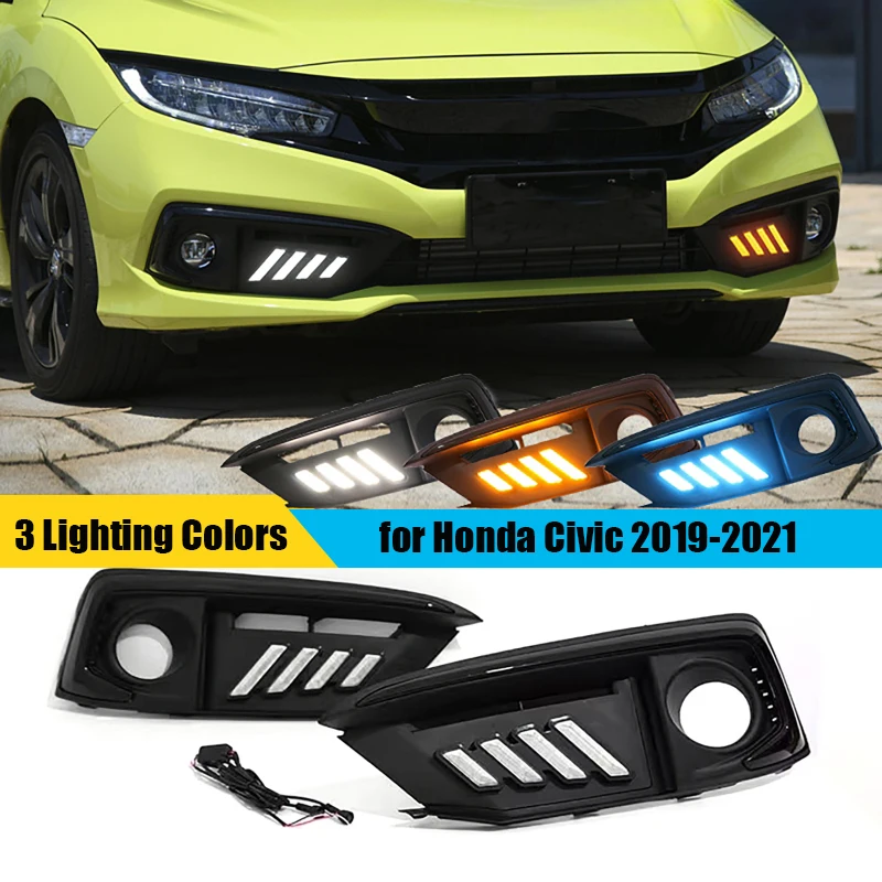 Car Front Bumper Lights Fog Lamps White Amber Ice Blue DRL Driving Lights for Honda Civic 2019-2021