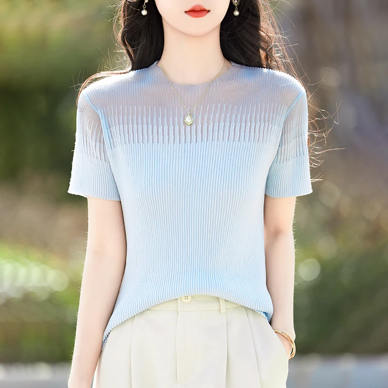 

Women's T-shirt Summer New Wool Knitted T-shirt Casual Solid Color Sweater Short Sleeve O-Neck Pullover Loose Fashion Top