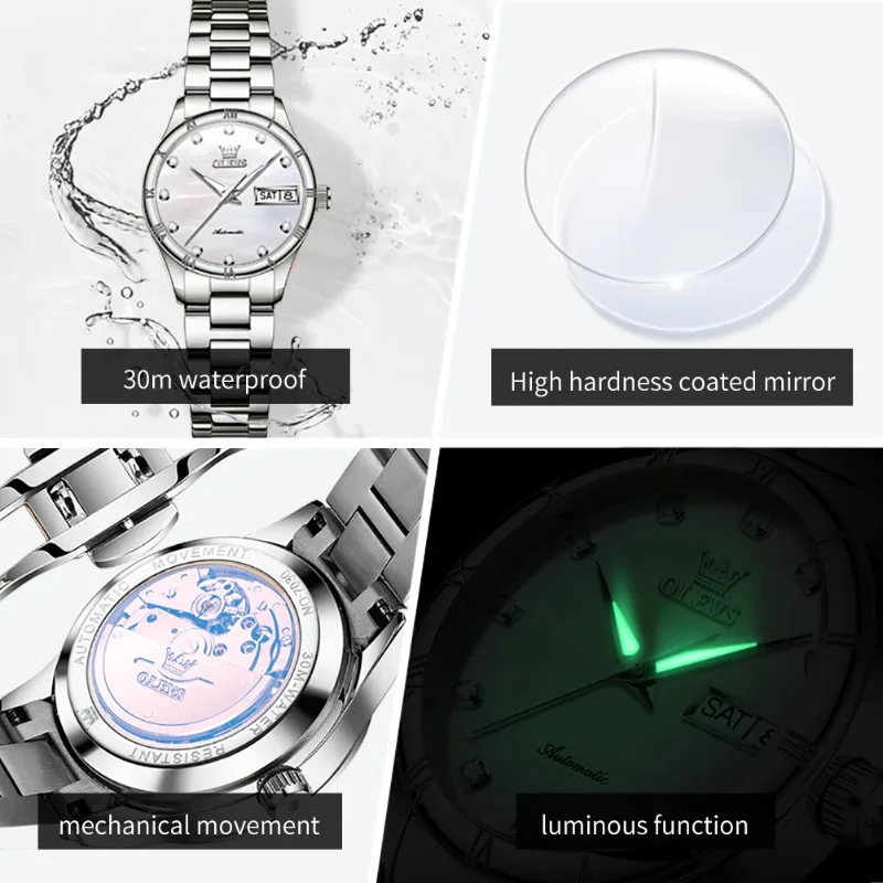 OLEVS 7030 Automatic Watch for Women Luxury Diamond Scale Waterproof Calendar Mechanical Woman Watch Original Ladies Wristwatch
